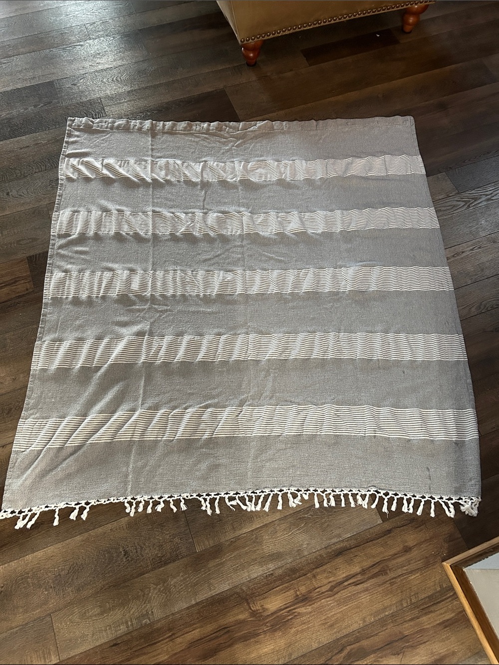 Grayish Blue Striped Fabric Shower Curtin with Fringe